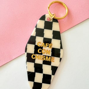 Café Con Chisme Retro Motel Keychain (IMPERFECT), Acrylic, Checkered, Checkers, Mexican, Español Chisme, Latinas, For Keys, Gift Ideas