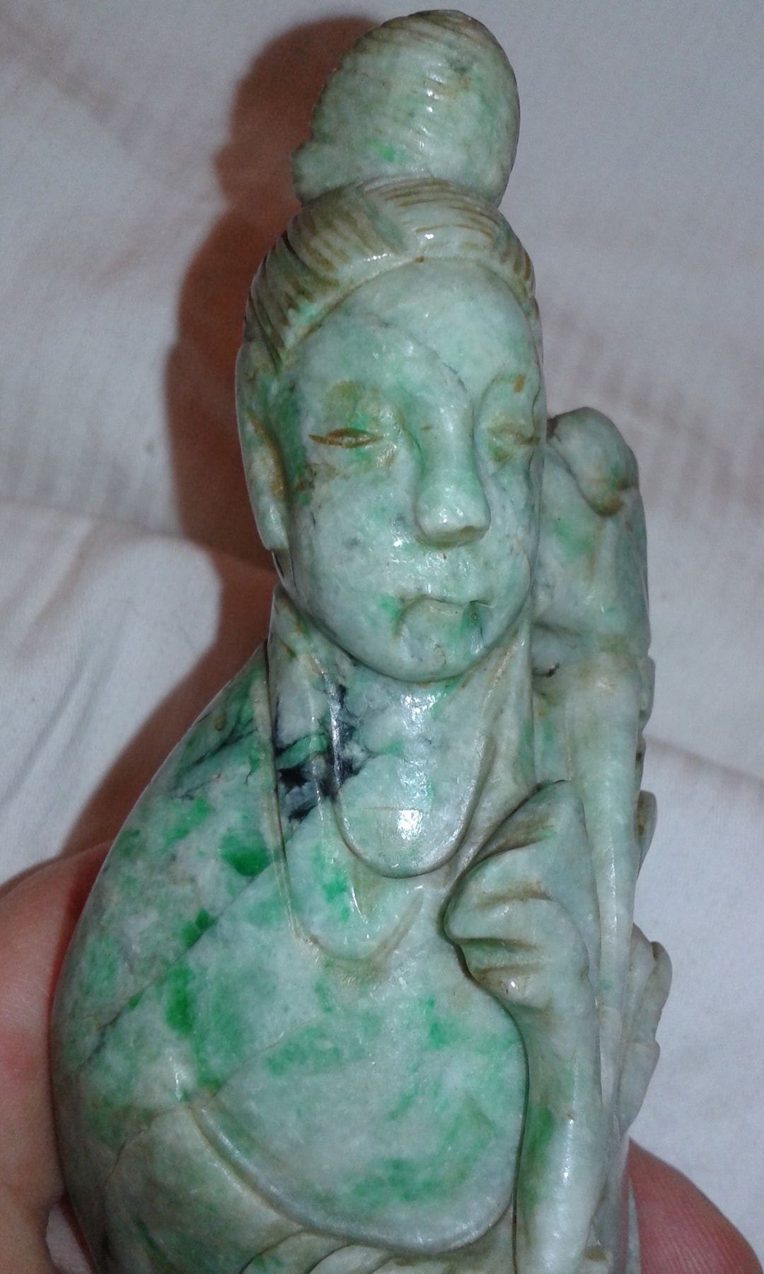 Antique Victorian1930s Jadeite A Jade Kwan Yin Figurine Statue Gemstone Rock Art Piece Chinese