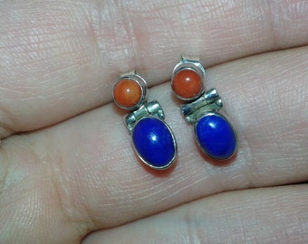 Untreated coral, lapis lazuli and solid sterling silver hinged ladies stud earrings