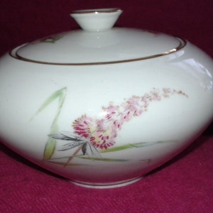 May include: White porcelain sugar bowl with a lid, featuring a delicate floral design in shades of pink and green. The bowl has a round shape and a gold trim around the rim.