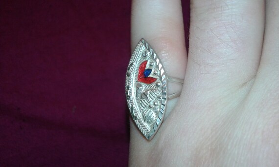 Solid sterling silver handpainted red and blue en… - image 5