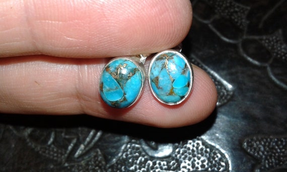 Copper turquoise solid sterling silver oval caboc… - image 1