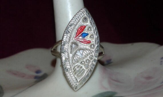 Solid sterling silver handpainted red and blue en… - image 1