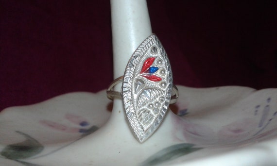 Solid sterling silver handpainted red and blue en… - image 3