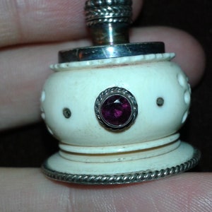Antique Victorian solid sterling silver , cow bone , untreated turquoise and pink tourmaline scent bottle - ornamental handmade oriental art