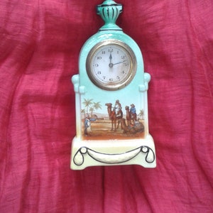 Handpainted Czechoslovakia ceramic three wise men mantle clock - Christian religious themed European art - heat blued hands - piece unique
