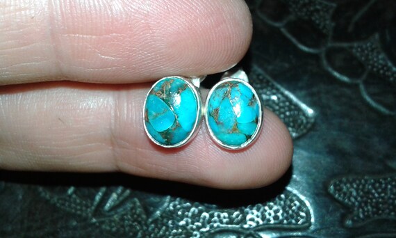 Copper turquoise solid sterling silver oval caboc… - image 2