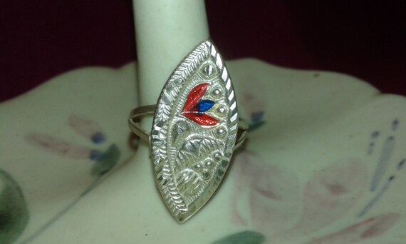 Solid sterling silver handpainted red and blue en… - image 2