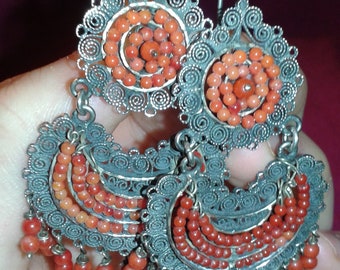 Vintage Mexican 1950s solid sterling silver and untreated sea gathered coral cabochon beads ladies ethnic cluster earrings handcrafted