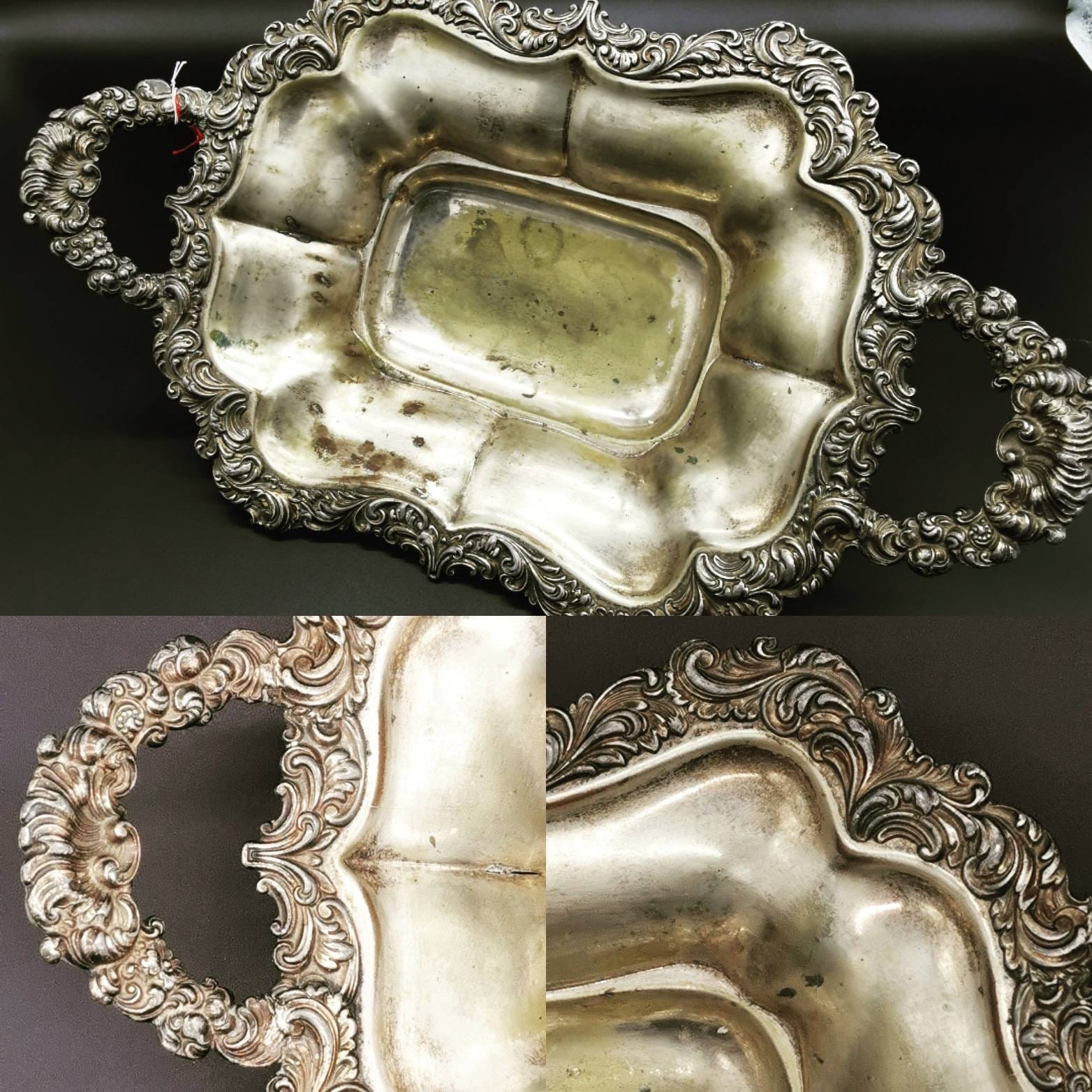 Plat sur Pied Metal Argente, Bords Sculptes Metal Dish With Sculpted Leaves