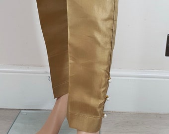 gold silk pants