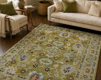 Hand Knotted Wool Rug, Traditional Oushak Area Rug, Sage Green Persian Carpet, Vintage Oriental Woolen Rug, Fine Knotted Rug for Living Room