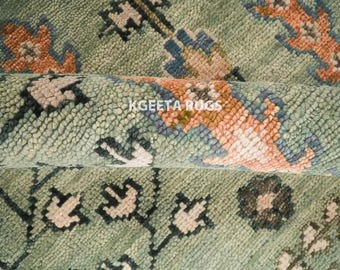 Soft Green Oushak Turkish Wool Rug 9x12 Area Rug for Living Room, Handwoven Vintage Style Carpet, Durable & Cozy Floor Decor Rug