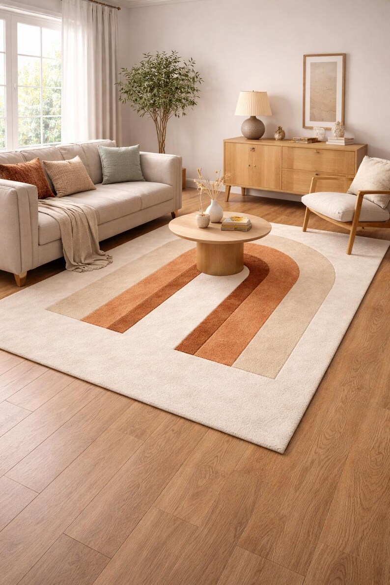 Hand Tufted Wool Arch Rug, Neutral Beige Terracotta Boho Living Room ...
