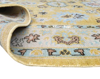 Hand Knotted 9x12 Yellow Oushak Rug | Soft Texture Bohemian Area Carpet, Premium Quality Home Decor Accent