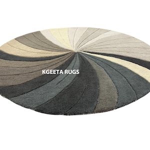 Beige Grey Wool Round Rug 8x8 Feet – Handmade Soft Durable Boho Area Carpet for Living Room Floor Decor