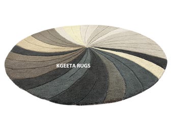Beige Grey Wool Round Rug 8x8 Feet – Handmade Soft Durable Boho Area Carpet for Living Room Floor Decor