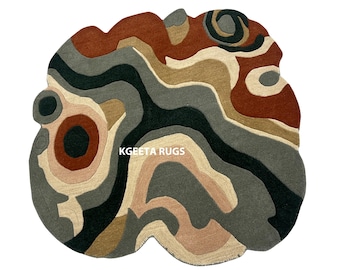 4X4 Colorful Handmade Wool Rug, Unique Shaped Area Carpet for Living Room, Boho Home Decor, Soft Cozy Rug