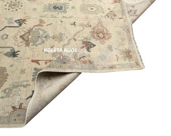 Beige Oushak Area Rug 9x12 - Hand Knotted Wool Vintage Carpet | Soft, Durable Living Room Decor - Custom Sizes Available
