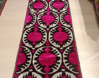 Handwoven Yellow Ikat Velvet Fabric – Uzbek Polka Dot Design by the Yard