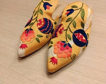 Handmade Embroidered Velvet Ikat Slippers, Uzbek Leather House Shoes, Luxury Artisan Slippers, Boho Gift for Her