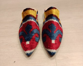 Handmade Embroidered Velvet Ikat Slippers, Uzbek Leather House Shoes, Luxury Artisan Slippers, Boho Gift for Her