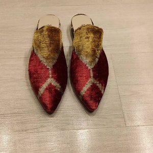 silk ikat slippers and velvet ikat silippers are handmade embroideried | velvet ikat slippers | all numbers | upholstery fabric