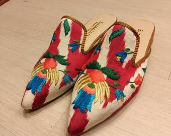 Handmade Embroidered Velvet Ikat Slippers, Uzbek Leather House Shoes, Luxury Artisan Slippers, Boho Gift for Her
