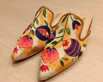 Handmade Embroidered Velvet Ikat Slippers, Uzbek Leather House Shoes, Luxury Artisan Slippers, Boho Gift for Her
