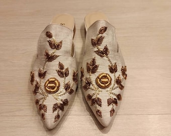 Handmade Embroidered Velvet Ikat Slippers, Uzbek Leather House Shoes, Luxury Artisan Slippers, Boho Gift for Her