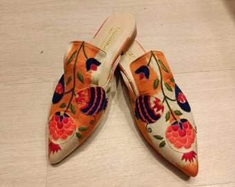 Handmade Embroidered Velvet Ikat Slippers, Uzbek Leather House Shoes, Luxury Artisan Slippers, Boho Gift for Her