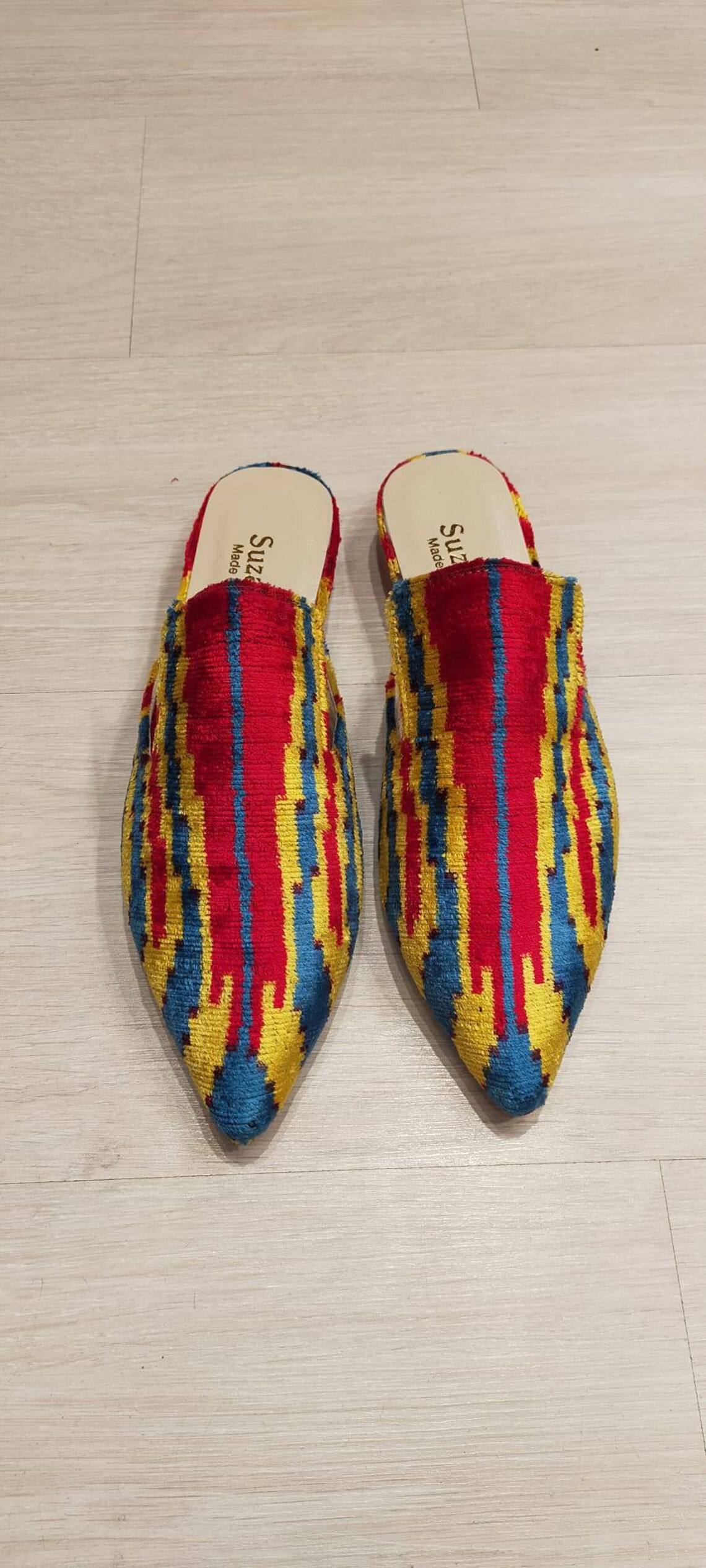 Silk Velvet Ikat Slippers Yellow Green Blue main image 1