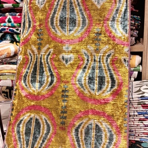 Handwoven Yellow Ikat Velvet Fabric – Uzbek Polka Dot Design by the Yard