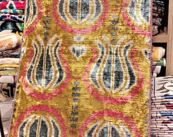 Handwoven Yellow Ikat Velvet Fabric – Uzbek Polka Dot Design by the Yard