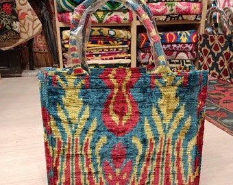 Colorful  ikat tote bag handwoven silk velvet ikat womens Clutch  bag ikat bag