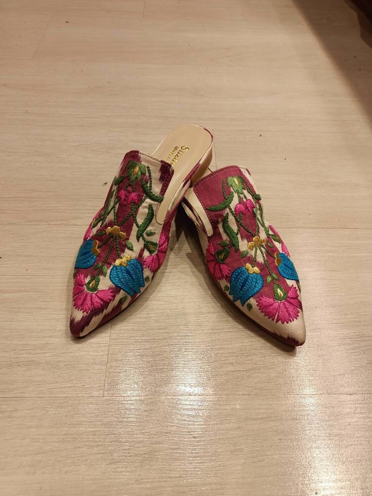 Handmade Embroidered Velvet Ikat Slippers, Uzbek Leather House Shoes, Luxury Artisan Slippers, Boho Gift for Her