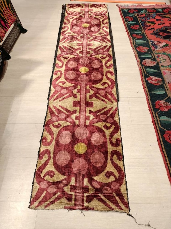 Handwoven Yellow Ikat Velvet Fabric – Uzbek Polka Dot Design by the Yard