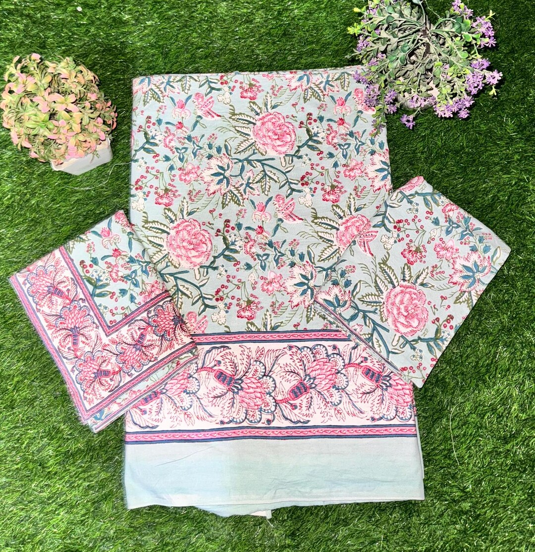 Elegant Handblock Print Bedsheet – Floral Leaf Motif, Fine Cotton main image 1
