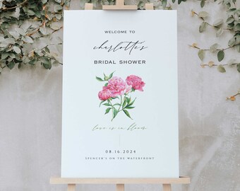 Plantilla de signo de bienvenida de despedida de soltera floral, DESCARGA INSTANTE, Peonías de despedida de soltera, despedida de soltera rosa, decoración de despedida de soltera, simple - MB009