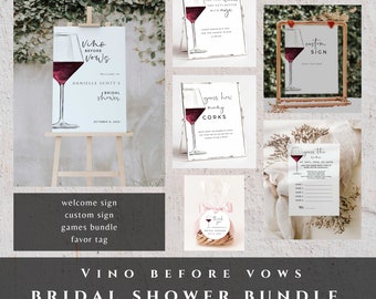Vino Before Vows Bridal Shower Bundle Templates, INSTANT DOWNLOAD, Welcome Sign, Wine Tasting, Games, Favor Tag, Editable, Printable - MB004