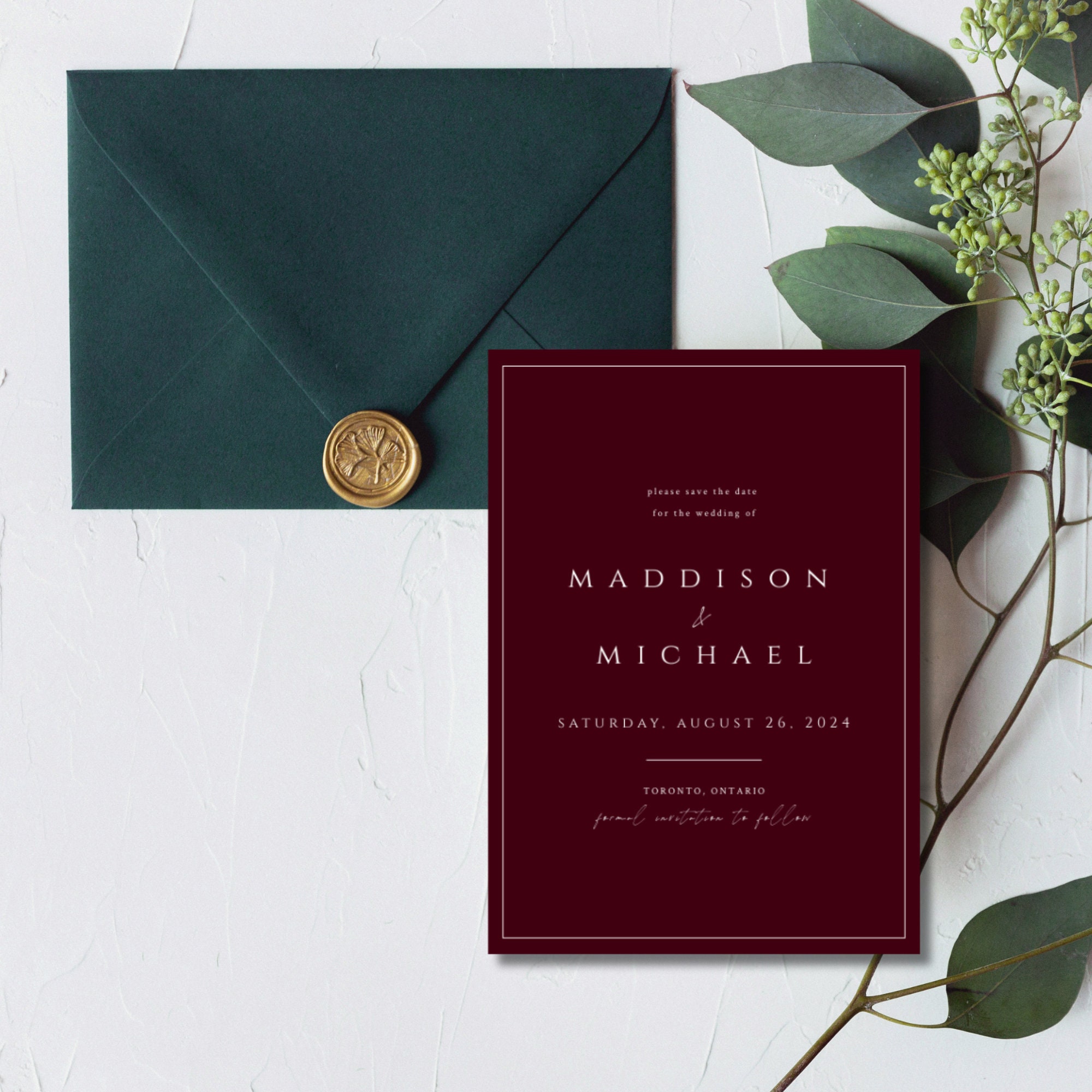 Burgundy Marsala Minimalist Wedding Save the Date Card Template INSTANT ...