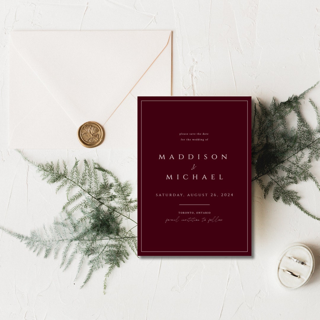 Burgundy Marsala Minimalist Wedding Save the Date Card Template INSTANT ...