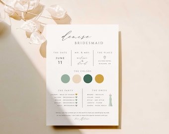 Bridesmaid Information Card Template, Bridesmaid Proposal, Modern Minimalist Bridesmaid Infographic, Bridal Party Info Card, Editable, MB005