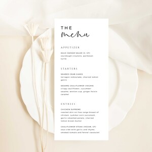Plantilla de menú minimalista moderna, decoración de mesa, menú de despedida de soltera, menú de boda, personalizable, editable, DESCARGA INSTANTÁNEA - MB004