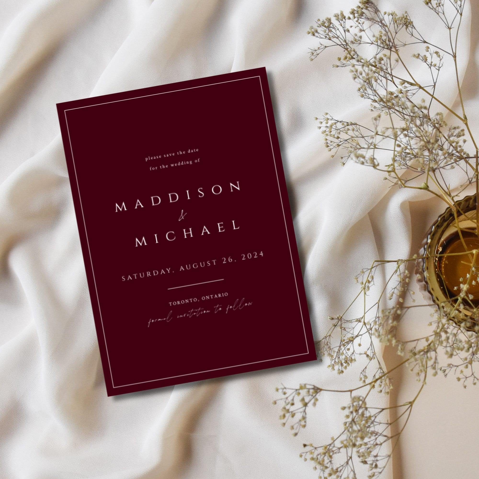 Burgundy Marsala Minimalist Wedding Save the Date Card Template INSTANT ...