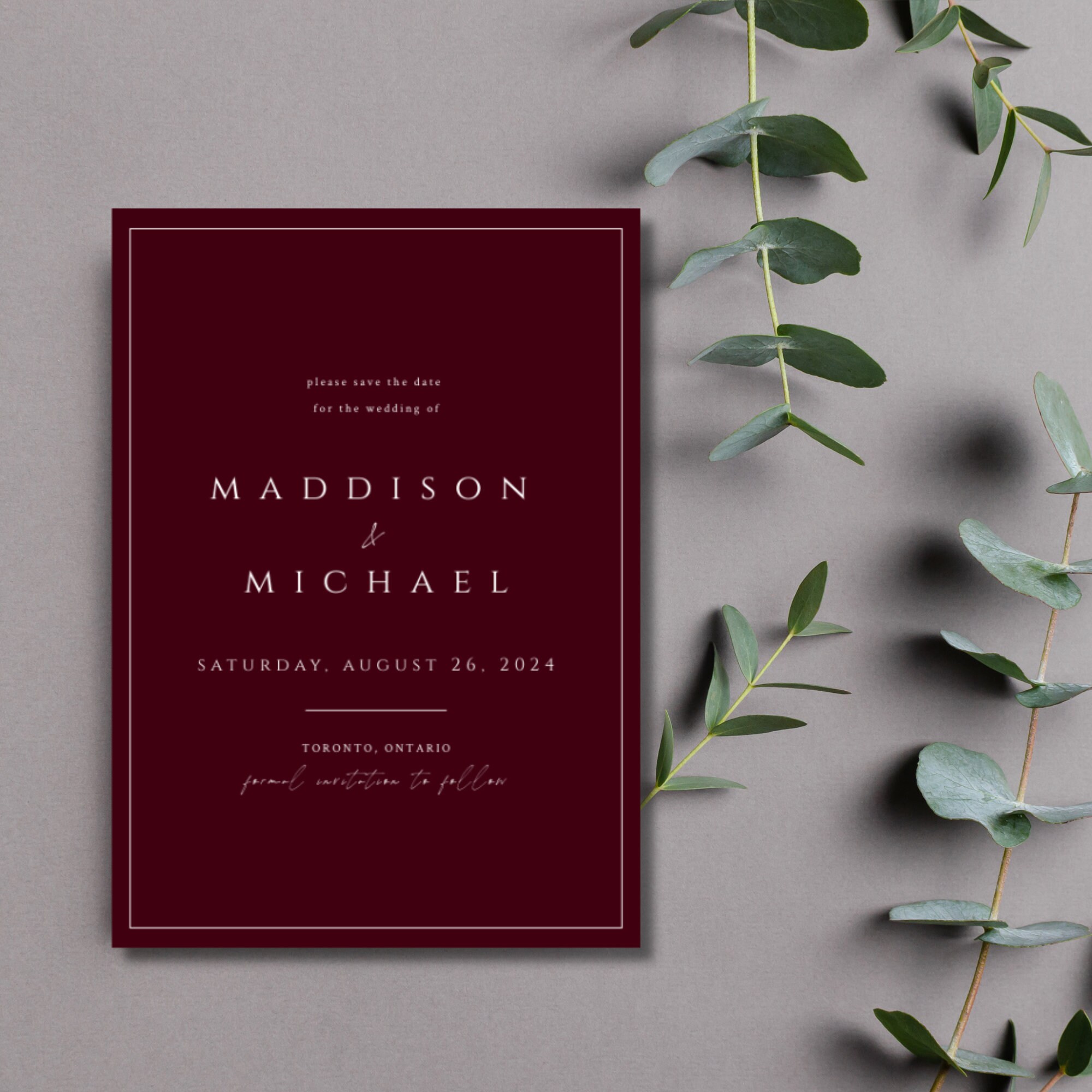 Burgundy Marsala Minimalist Wedding Save the Date Card Template INSTANT ...