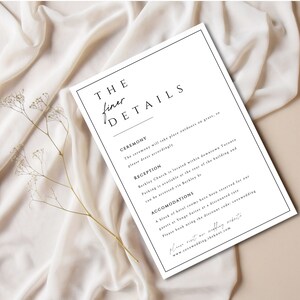 Minimalist Wedding Details Card Template INSTANT DOWNLOAD, Editable, Printable - DIY Customizable Invites, White - MB001
