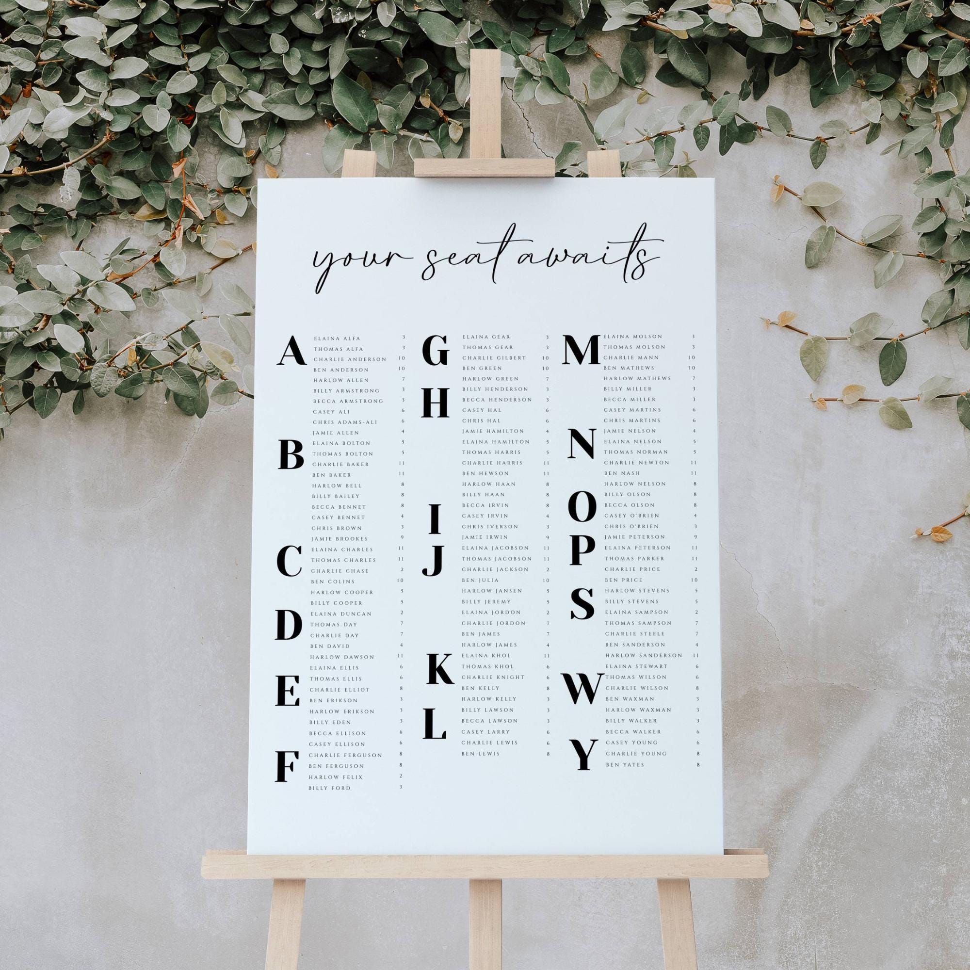 Minimalist Alphabetical Wedding Seating Chart Template, Editable ...