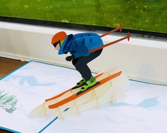 Carte pop-up ski, carte 3D découpée au laser de skieur, carte d'anniversaire