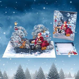 Carte pop-up personnalisée Santa's Village Express pour les Fêtes, carte de Père Noël 3D Santa and friends